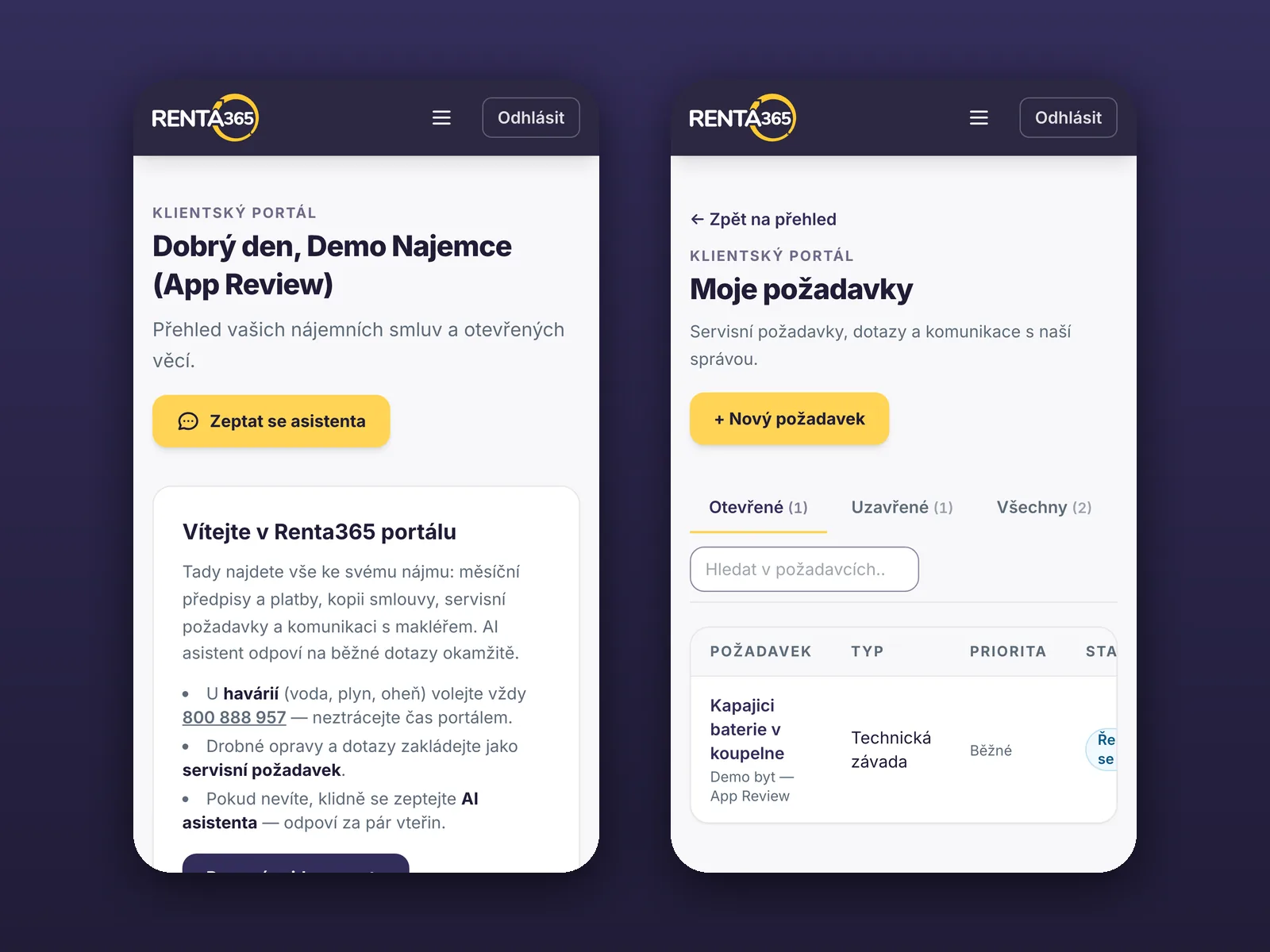 Klientský portál nájemníka v mobilu, demo účet