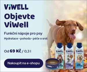 Animovaný podzimní banner ViWell: pes, krabičky nápojů a miska