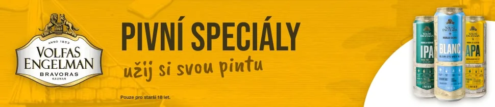 Animovaný široký banner Volfas Engelman 970 × 210 s plechovkami a mapou