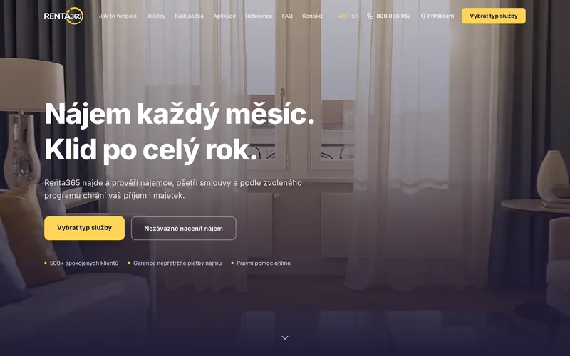 Úvodní obrazovka webu renta365.cz: Nájem každý měsíc. Klid po celý rok.